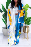 Fashionkova - Sky Blue Casual Street Print Patchwork Cardigan Collar Outerwear