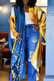 Fashionkova - Sky Blue Casual Street Print Patchwork Cardigan Collar Outerwear