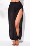 Fashionkova - Black Fashion Casual Solid See-through Slit Regular High Waist Trousers