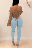 Fashionkova - Light Blue Denim Zipper Fly High Solid Hole Skinny Pants Pants