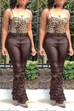 Fashionkova - Wine Red PU Zipper Fly Sleeveless Mid Zippered Draped Solid Pants Pants Pants