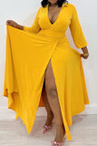 Fashionkova Yellow Casual Daily Elegant Simplicity Slit Solid Color V Neck Maxi Dresses