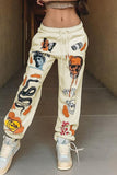 Fashionkova - White Fashion Casual Skull Head Print Basic Regular Mid Waist Trousers