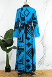 Fashionkova Blue Elegant Geometric Pocket Buckle Flounce Turndown Collar Shirt Dress Dresses