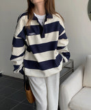 FashionKova - Vintage Polo Collar Striped Oversized Tee