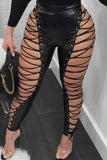 Fashionkova - Black Fashion Sexy Solid Hollowed Out Strap Design Skinny High Waist Pencil Trousers