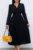 Fashionkova Yellow Casual Solid Frenulum Pleated V Neck Long Sleeve Dresses