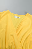 Fashionkova Yellow Casual Solid Patchwork Fold V Neck Waist Skirt Dresses(With Belt)