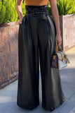 Fashionkova - Black Street Solid Patchwork With Belt Straight High Waist Wide Leg Solid Color Bottoms