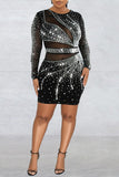 Fashionkova Black Sexy Patchwork Hot Drilling See-through O Neck Long Sleeve Dresses