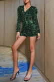 Fashionkova Ink Green Sexy Casual Patchwork Sequins V Neck Long Sleeve Dresses