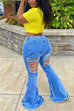 Fashionkova - Blue Street Denim Solid Ripped Boot Cut Bottoms