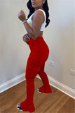 Fashionkova - rose red Drawstring High Solid Pocket Draped Boot Cut Pants Bottoms