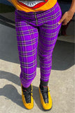 Fashionkova - purple Zipper Fly Mid Plaid Straight Pants Bottoms