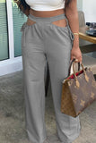 Fashionkova - Grey Casual Solid Hollowed Out Draw String Boot Cut Wide Leg Patchwork Bottoms