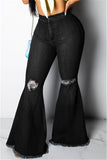 Fashionkova - Black Denim Button Fly Zipper Fly High Zippered Hole washing Pocket Boot Cut Pants