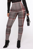 Fashionkova - Grey Casual Plaid Patchwork Skinny High Waist Pencil Full Print Bottoms