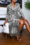 Fashionkova - Black Fashion Elegant Solid Tassel Sequins Patchwork Turn-back Collar Outerwear
