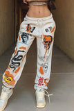 Fashionkova - White Fashion Casual Skull Head Print Basic Regular Mid Waist Trousers