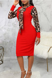Fashionkova Red Sexy British Style Elegant Leopard Patchwork Printing O Neck Wrapped Skirt Dresses