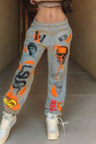 Fashionkova - White Fashion Casual Skull Head Print Basic Regular Mid Waist Trousers