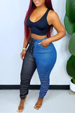 Fashionkova - Blue Black Fashion Casual Patchwork Fold Regular High Waist Pencil Patchwork Bottoms