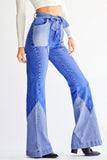 Fashionkova - Dark Blue Drawstring High Patchwork Boot Cut Pants Bottoms
