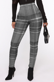 Fashionkova - Grey Casual Plaid Patchwork Skinny High Waist Pencil Full Print Bottoms