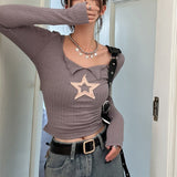 FashionKova - Star Patch Long Sleeve Knit Crop Top