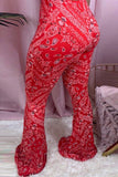 Fashionkova - Red Milk Silk Elastic Fly Mid Print Boot Cut Pants Bottoms