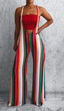 Fashionkova - Multi-color Bib pants Sleeveless Low Striped Loose Pants Pants