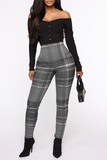 Fashionkova - Grey Casual Plaid Patchwork Skinny High Waist Pencil Full Print Bottoms