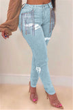 Fashionkova - Light Blue Denim Zipper Fly High Solid Hole Skinny Pants Pants