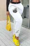 Fashionkova - White Fashion Casual Print Basic Regular Mid Waist Trousers