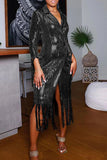 Fashionkova - Black Fashion Elegant Solid Tassel Sequins Patchwork Turn-back Collar Outerwear
