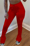 Fashionkova - rose red Drawstring High Solid Pocket Draped Boot Cut Pants Bottoms