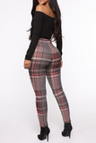 Fashionkova - Grey Casual Plaid Patchwork Skinny High Waist Pencil Full Print Bottoms