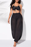 Fashionkova - Black Fashion Casual Solid See-through Slit Regular High Waist Trousers