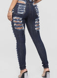 Fashionkova - Blue Denim Zipper Fly Button Fly High Hole Zippered Pocket washing pencil Pants Pants