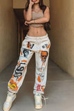 Fashionkova - White Fashion Casual Skull Head Print Basic Regular Mid Waist Trousers
