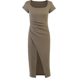 FashionKova - Ribbed Short Sleeve Slit Maxi Dress