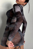 Fashionkova Black Sexy Print See-through Half A Turtleneck Long Sleeve Dresses