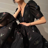 FashionKova - Puff Sleeve V-Neck Floral Maxi Dress