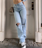 FashionKova - Blue Wash Straight Leg Knee Ripped Jeans