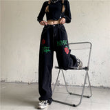 Fashionkova  High Waist Women Jeans Vintage Streetwear Rose Black Straight Baggy Trouser Fashion Casual Autumn Ladies Wide Leg Denim Pants