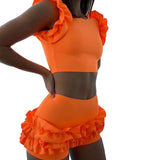 Fashionkova  Summer Cute Women Girls Lace Ruffles Two Piece Bikini Swimsuit Fly Sleeve Padded Tops + Ruffles High Waist Shorts