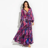 Fashionkova  Bohemian Printing Long Dress V-Neck Long Sleeve Big Hem Women Autumn Summer Dress Elegant Casual Vestidos