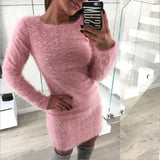 Fashionkova  Women Plush Bodycon Dress Round Neck Long Sleeve Gray Casual Autumn Winter Sheath Office Lady Solid Midi Dress Pullovers