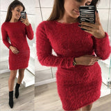 Fashionkova  Women Plush Bodycon Dress Round Neck Long Sleeve Gray Casual Autumn Winter Sheath Office Lady Solid Midi Dress Pullovers