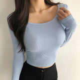 Fashionkova  Crop Top T Shirt Women Cotton Elastic Tshirt Korean Style Woman Clothes Screw Thread Long Sleeve Top Tee Shirt Femme Camisetas